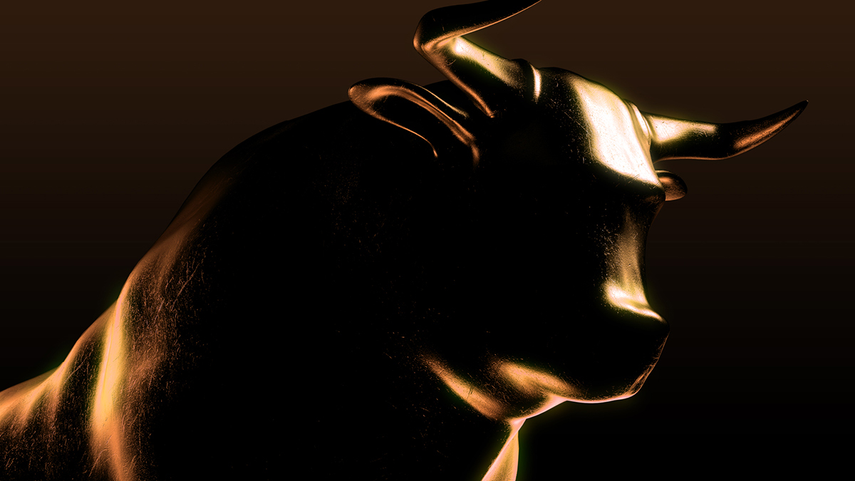 An allusion to the bull market on the commodity exchange: a bull statue made of copper shines against a black background. Only the horns and the silhouette are illuminated.