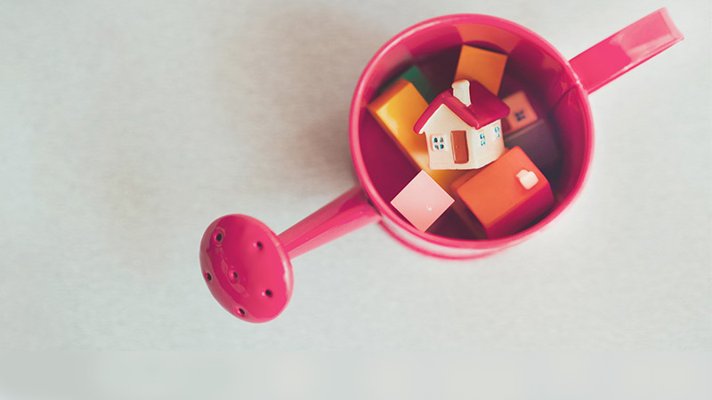 Eine Analogie zum «Giesskannenprinzip»: Das Bild zeigt eine rote Kinder-Giesskanne von oben. Darin liegen Spielzeug-Bauklötzen; eines davon ist ein Haus mit Giebeldach.