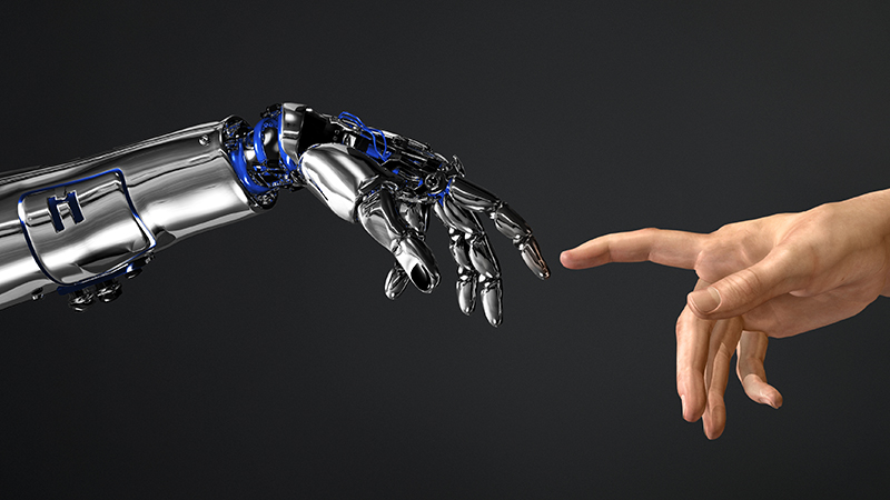AI and ethics in allusion to Michaelangelo: You see two hands that point towards each other with their index fingers extended. One hand is human, the other belongs to a robotic arm. Fingers barely do not touch.