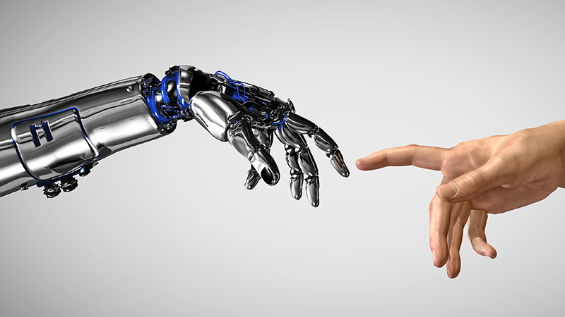 AI and ethics in allusion to Michaelangelo: You see two hands that point towards each other with their index fingers extended. One hand is human, the other belongs to a robotic arm. Fingers barely do not touch.