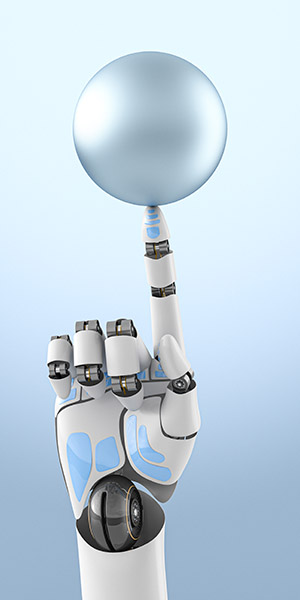 Eine Roboterhand, die eine faustgrosse Kugel auf dem Zeigefinger balanciert. Eine Illustration der Fortschritte, die im Bereich Technologie, insbesondere Robotik, zu erwarten sind