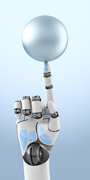 A robotic hand is balancing a fist-sized sphere on its index finger: an illustration of the advances that can be expected in technology, especially robotics